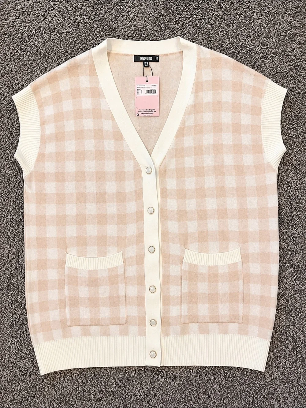 Sweater Vest Check Knit Cardigan Vest - Cream & Beige NWT Missguided Size 8/M - Picture 1 of 3